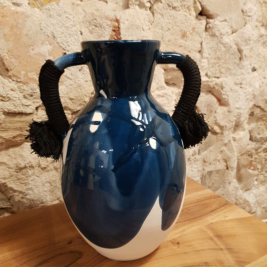 Vase Bleu Paon avec Pompons - Maison Bonjour